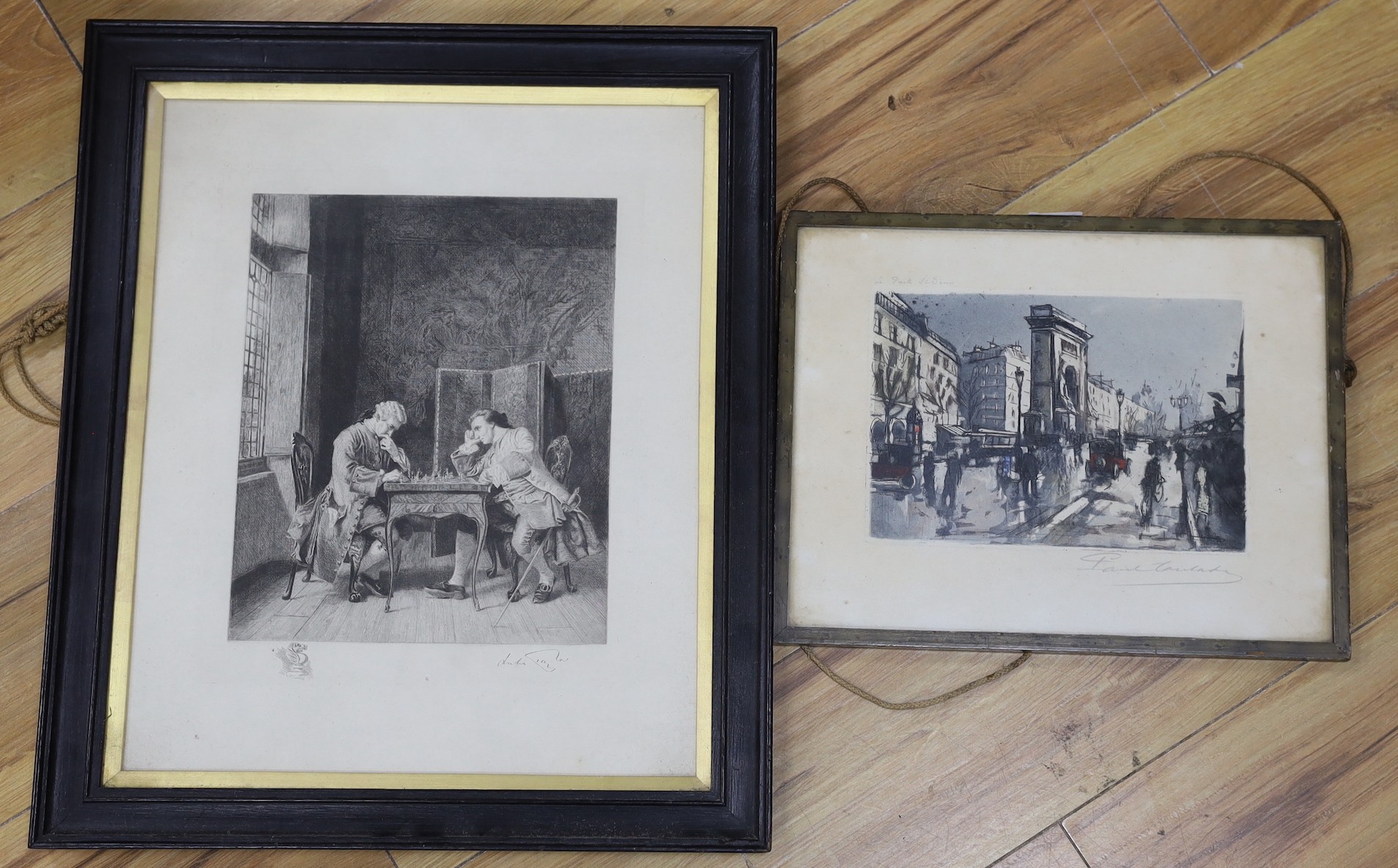 Paul Carlani, coloured etching, La Pont St Denis, signed in pencil, 24 x 30cm and an Italian etching of chess players